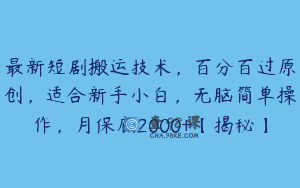 最新短剧搬运技术，百分百过原创，适合新手小白，无脑简单操作，月保底2000+【揭秘】