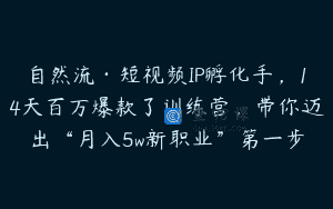 自然流·短视频IP孵化手，14天百万爆款了训练营，带你迈出“月入5w新职业”第一步