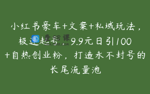 小红书豪车+文案+私域玩法，极速起号，9.9元日引100+自热创业粉，打造永不封号的长尾流量池
