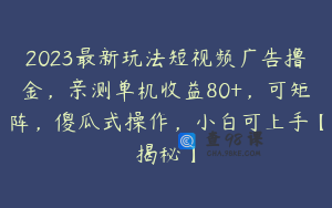 2023最新玩法短视频广告撸金，亲测单机收益80+，可矩阵，傻瓜式操作，小白可上手【揭秘】
