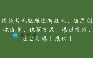 视频号无脑搬运新技术，破原创壕流量，独家方式，爆过视频，还会再爆【揭秘】