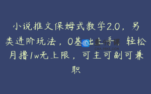 小说推文保姆式教学2.0，另类进阶玩法，0基础上手，轻松月撸1w无上限，可主可副可兼职