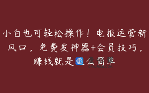 小白也可轻松操作！电报运营新风口，免费发神器+会员技巧，赚钱就是这么简单
